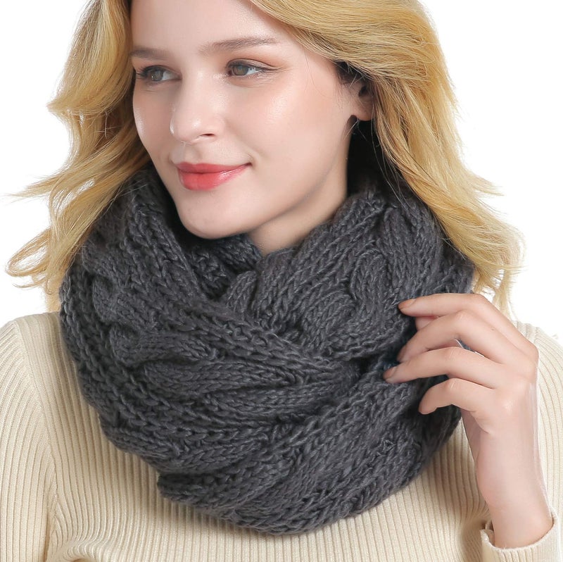 QUEENFUR Winter Women Thick Cable Knit Ribbed Infinity Circle Loop Scarf Matches with Beanies (Dark Grey) - Image 2